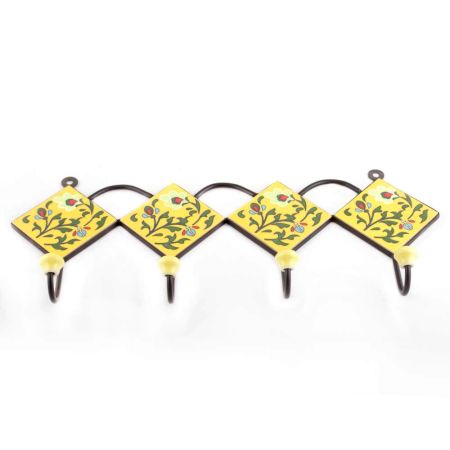 Yellow And Forest Green Leaf Ceramic Floral Tiles Hooks
